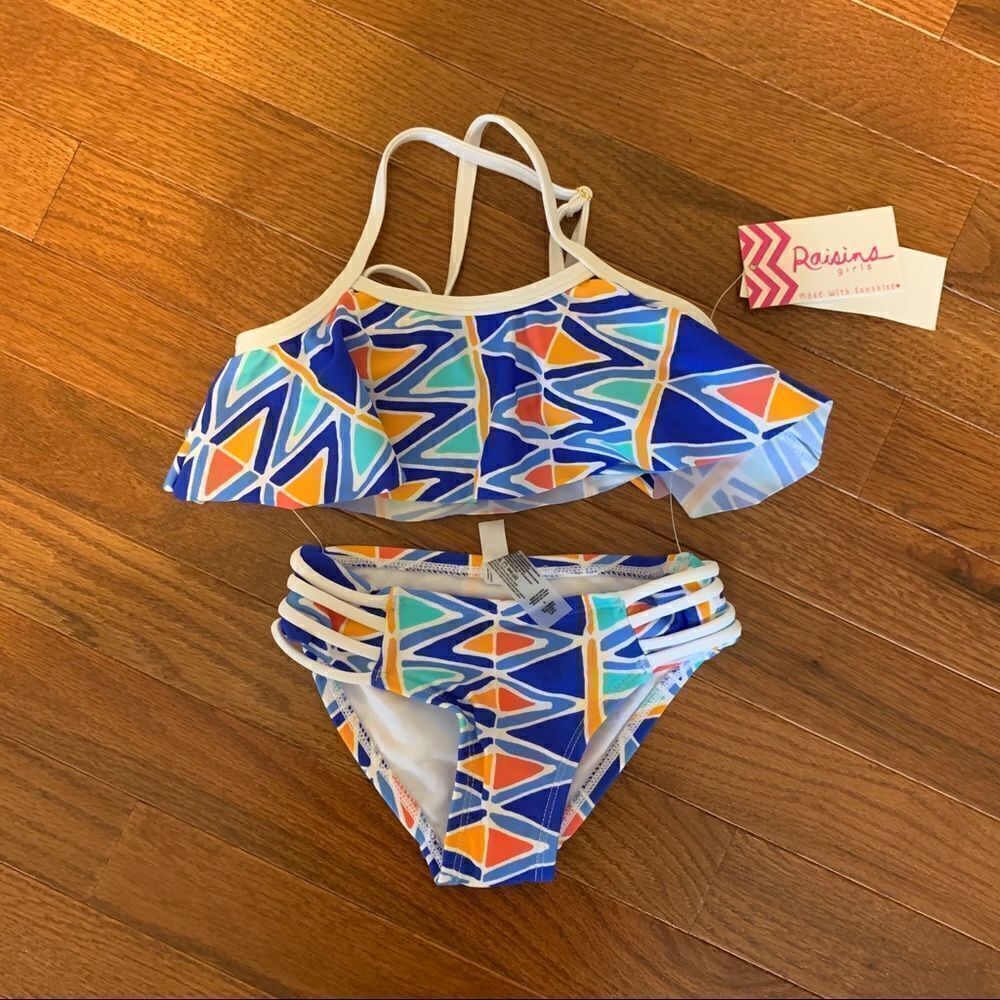 New RAISINS Ruffle Bikini Blue White Geo Print 4